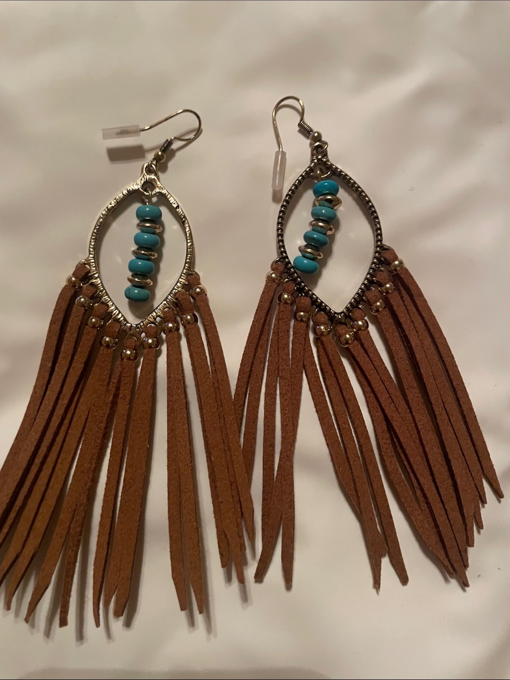 Fringed Teardrop Earrings with Turquoise Bead Accents - Brown